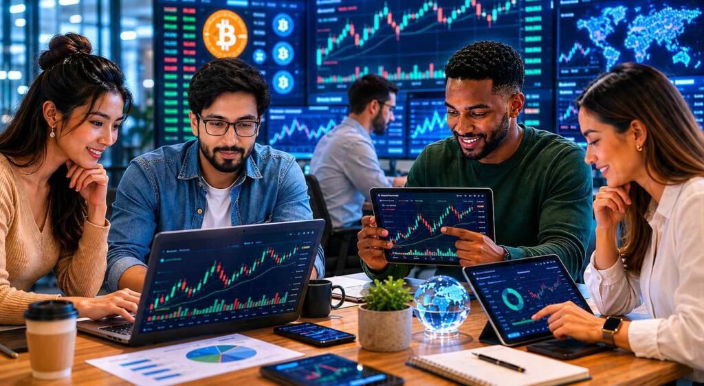 Retail investors and traders reviewing FintechZoom.com market data and financial charts