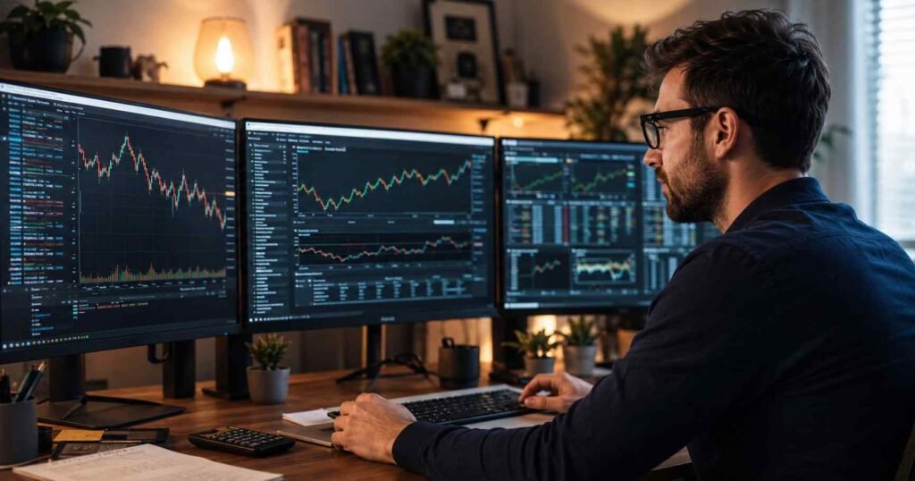 Investor analyzing FintechZoom.com stock market charts and financial data on multiple monitors