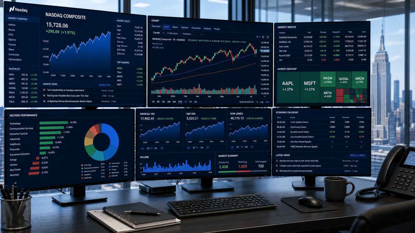 FintechZoom.com Nasdaq market dashboard showing real-time stock data, index charts, and sector performance across multiple monitors