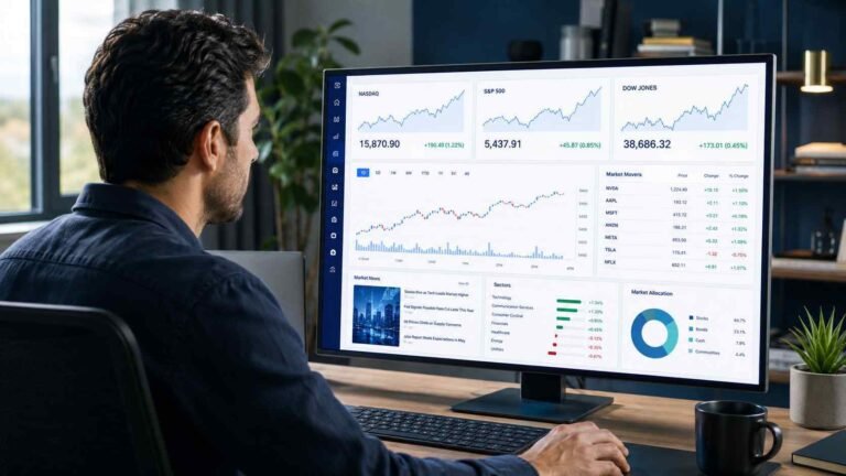 Investor reviewing FintechZoom stock market dashboard showing Nasdaq, S&P 500, and Dow Jones data