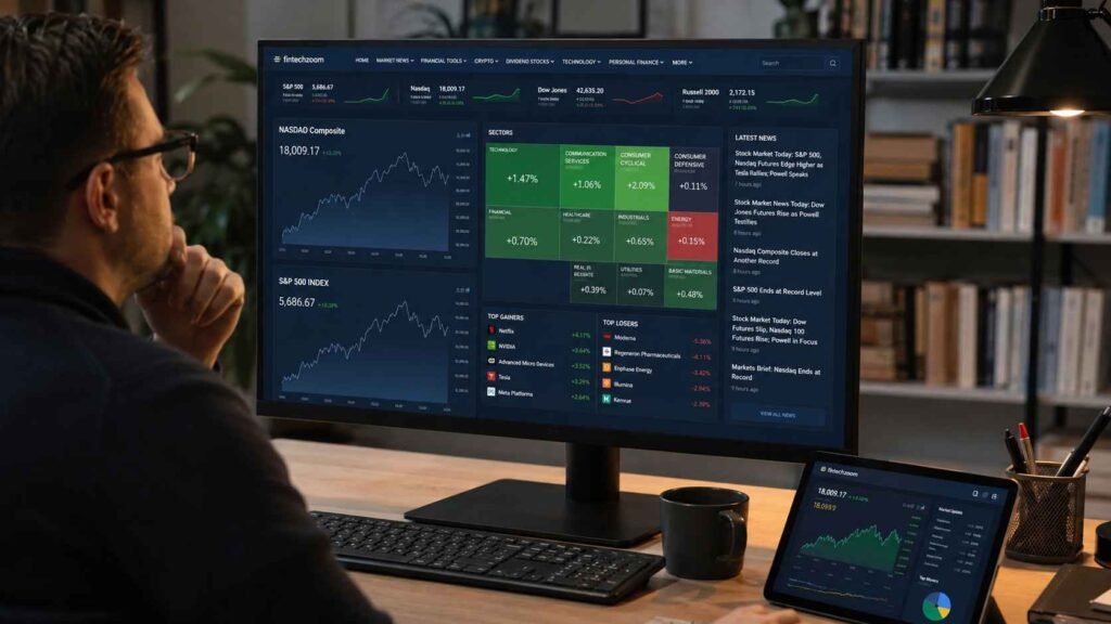 Investor using FintechZoom stock market platform showing Nasdaq composite, S&P 500, sector performance, and market news