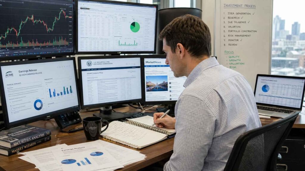 Financial analyst reviewing multiple primary sources including earnings reports, SEC filings, and market news across multiple screens