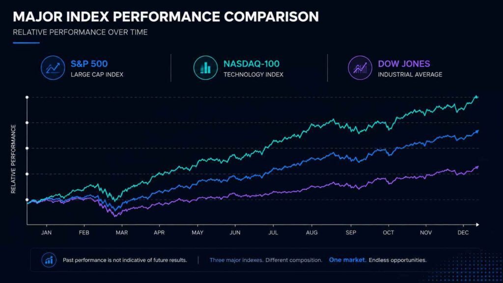 S&P 500 vs Nasdaq 100 vs Dow Jones major index performance comparison