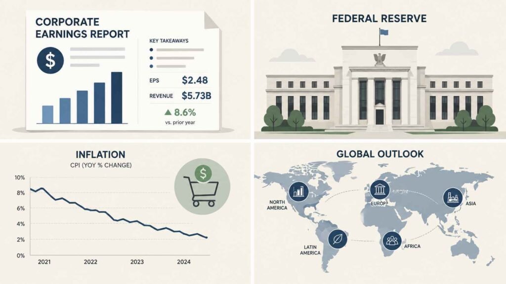 Factors that move the S&P 500 including corporate earnings federal reserve inflation and global events