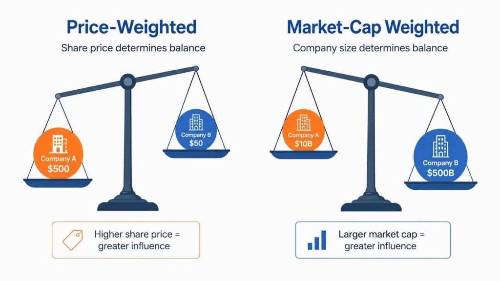 Price-weighted vs market-cap weighted index comparison showing how Dow Jones calculates influence