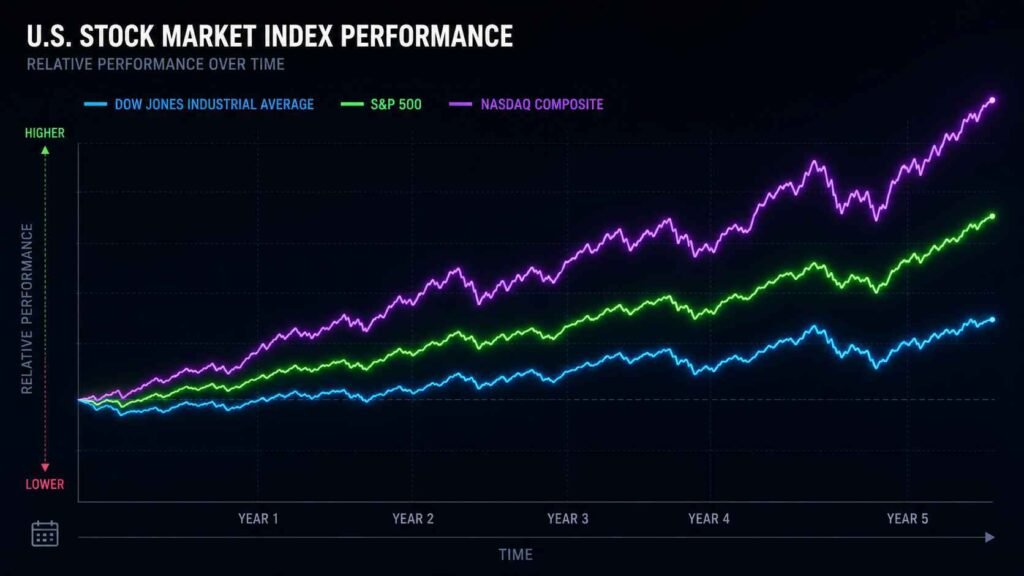Dow Jones vs S&P 500 vs Nasdaq Composite relative performance comparison over five years