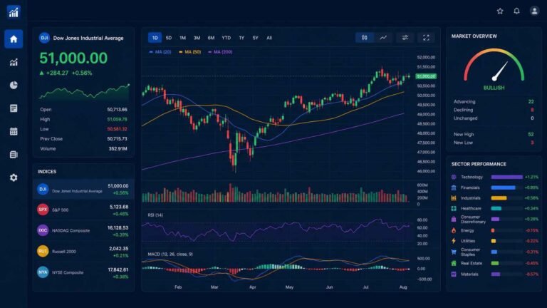 FintechZoom.com Dow Jones Industrial Average live tracking dashboard at 51000