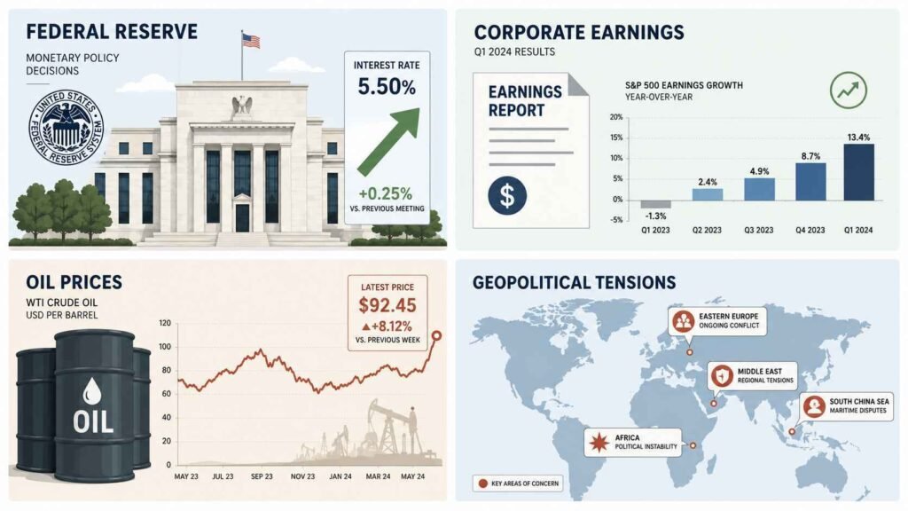 What moves the Dow Jones including Federal Reserve corporate earnings oil prices and geopolitical tensions